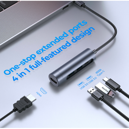 JOYROOM 4 in1 Dual USB3.0+HDMI+Type C HUB Portable Hidden Charging Adapter 