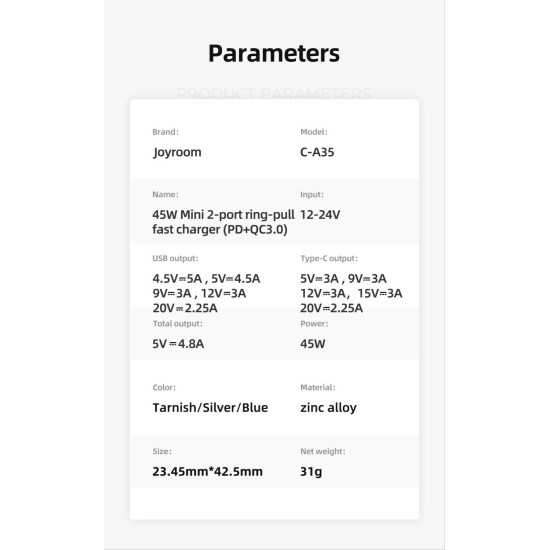 Joyroom C-A35 45W Dual Port Pull Ring Mini Fast Charge Black