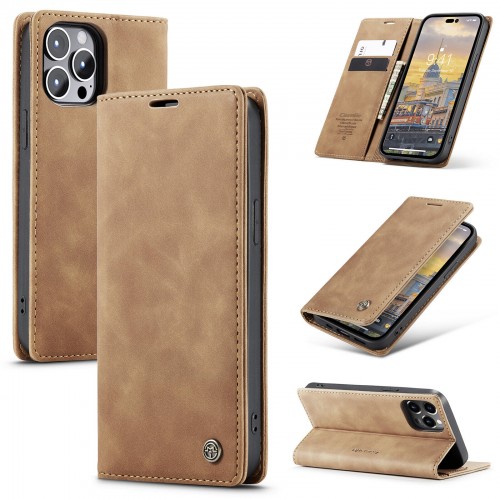 For iPhone 14 Pro Max Leather Case Magnetic Flip Cover with Card Slot Wallet Stand Slim Design Brown