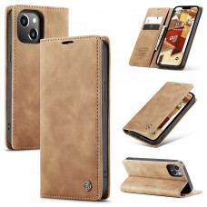 For iPhone 14 Leather Case Magnetic Flip Cover with Card Slot Wallet Stand Slim Design Brown