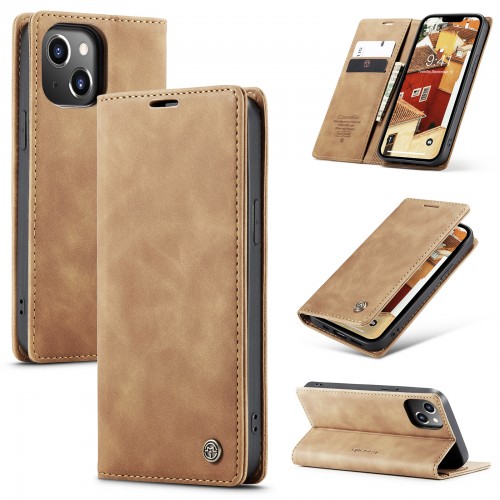 For iPhone 14 Plus Leather Case Magnetic Flip Cover with Card Slot Wallet Stand Slim Design Brown