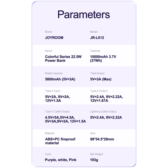 Joyroom JR-L012 Colorful Series 22.5W mini Power Bank with Dual Cables 10000mAh-White Joyroom JR-L012 Colorful Series 22.5W mini Power Bank with Dual Cables 10000mAh-White