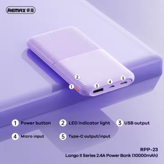 Remax | RPP-23 | Lango II Series 2.4A Power Bank | 10000mAh | Purple Remax | RPP-23 | Lango II Series 2.4A Power Bank | 10000mAh | Purple