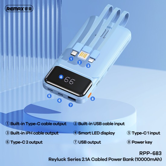 Remax RPP-683 Reyluck Series 2.1A Cabled Power Bank 10000mAh White
