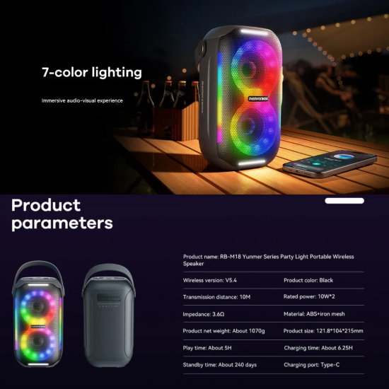 Remax | Yunmu Party Light Wireless Portable Speaker | RB-M18 | 20W | Black