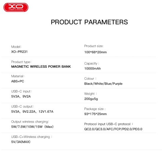 XO PR231 Magnetic 15W wireless charging+PD20W fast charging with a word holder 10000mAh Black XO PR231 Magnetic 15W wireless charging+PD20W fast charging with a word holder 10000mAh Black