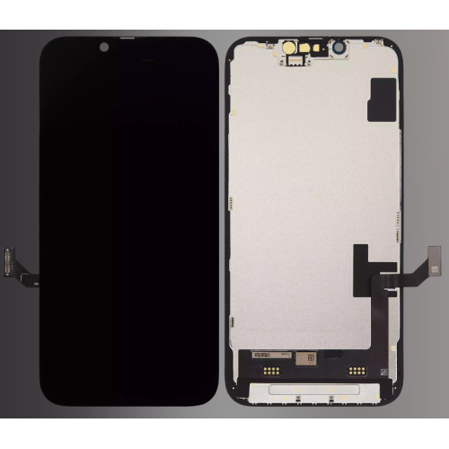 Soft OLED replacement screen assembly for iPhone 14 showing the bracket and flex cable used for the edge compression test