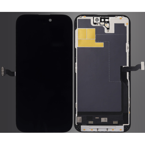 Soft OLED diagnostic replacement screen assembly for iPhone 14 Pro Max showing the bracket to which the panel is bonded