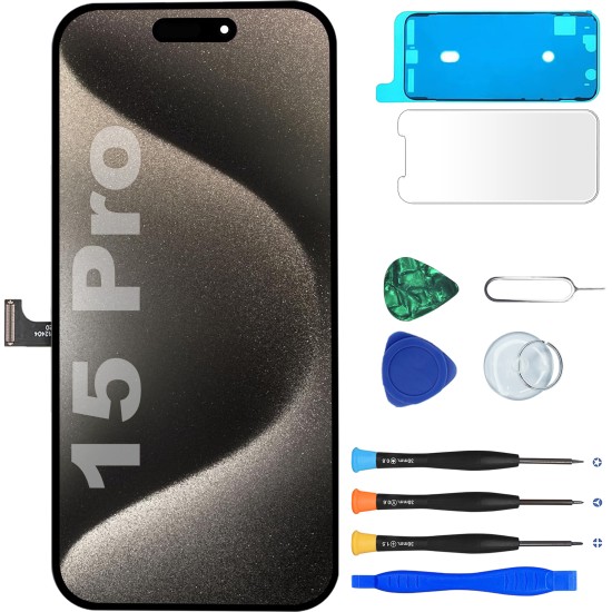 JH | Replacement FHD COF LCD Touch Screen | For iPhone 15 Pro | With Tempered Glass & Tools