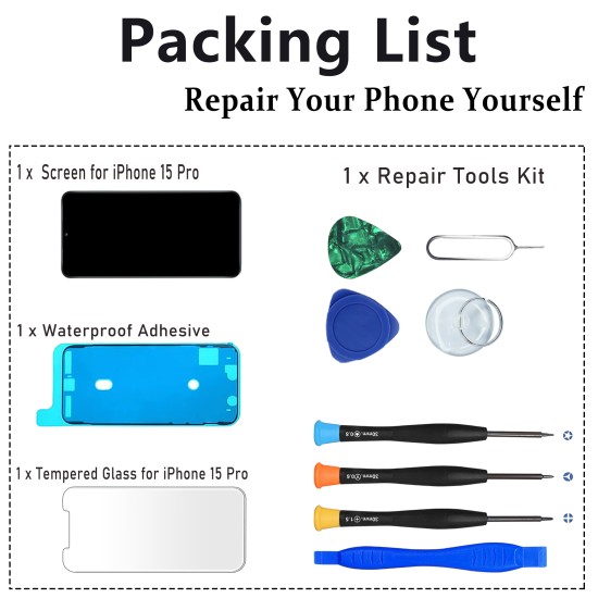JH | Replacement FHD COF LCD Touch Screen | For iPhone 15 Pro | With Tempered Glass & Tools