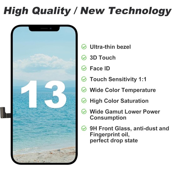 JH | Replacement FHD COF LCD Touch Screen | For iPhone 13 | With Tempered Glass & Tools
