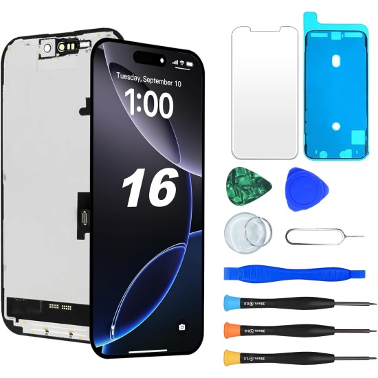 JH | Replacement FHD COF LCD Touch Screen | For iPhone 16 | With Tempered Glass & Tools