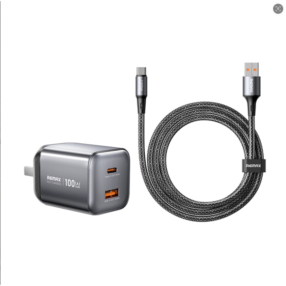 Remax CA-15 100W GaN nitride folding travel adapter with an A-to-C data cable set in black