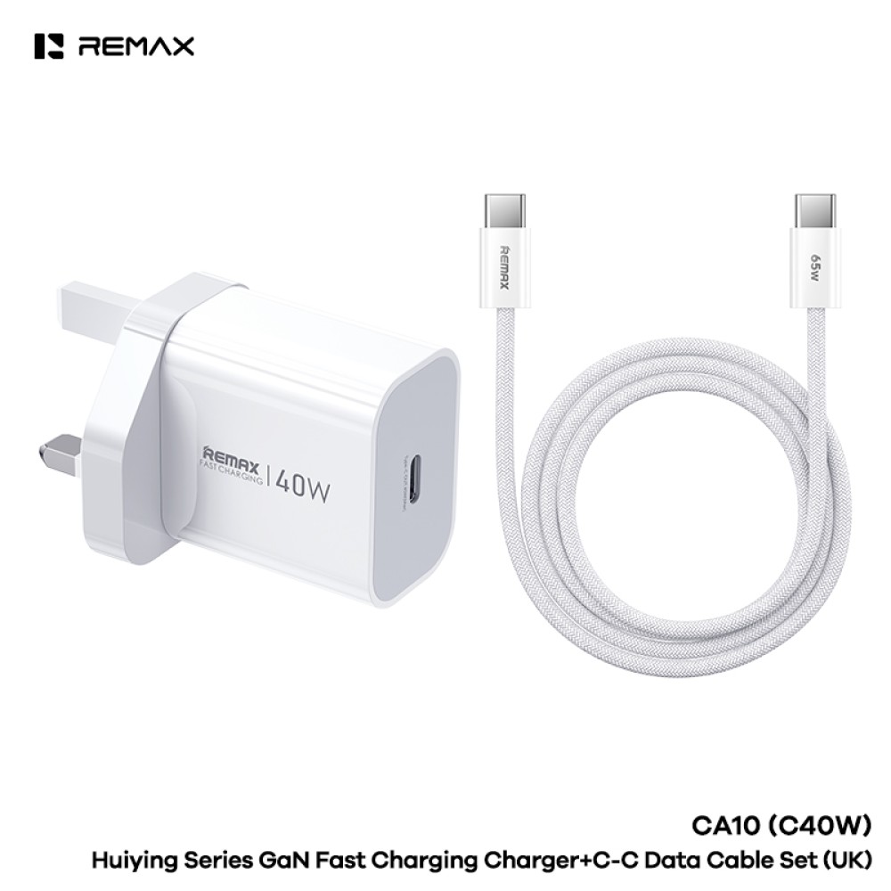 Remax CA-10C 40W GaN fast charging charger with a C-to-C data cable set, UK plug, white