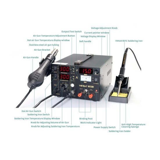 YIHUA 853D 1A Digital Hot Air Gun Rework Station 4 nozzles YIHUA 853D 1A Digital Hot Air Gun Rework Station 4 nozzles