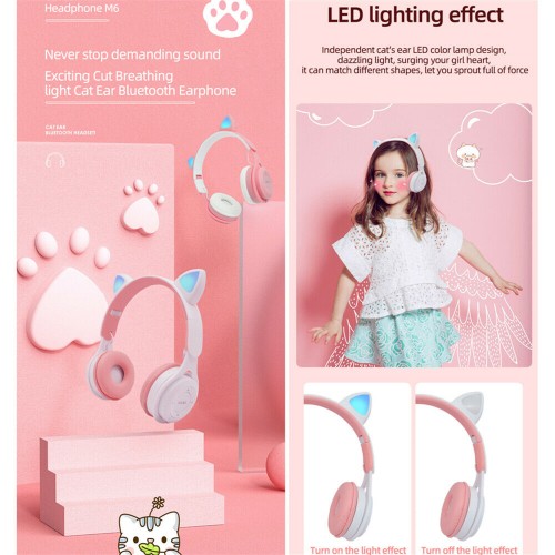 Bluetooth Wireless Cat Ear Headphone with LED Light Cat Ear Pink 