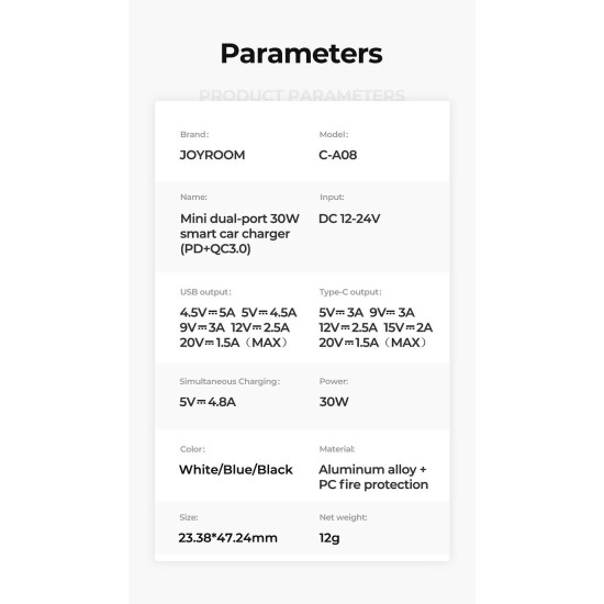 Joyroom C-A08 PD+QC3.0 30W Dual Port Transparent Car Charger Black Joyroom C-A08 PD+QC3.0 30W Dual Port Transparent Car Charger Black