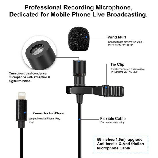 JH-041 Lightning Lavalier Wired Microphone Black JH-041 Lightning Lavalier Wired Microphone Black