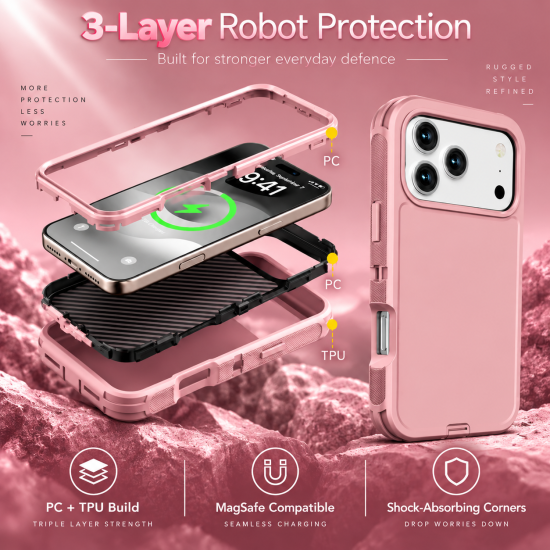 XW Triple-Protected Transparent Robot Phone Case for iPhone 18 Pro Pink