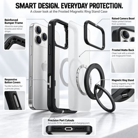 Transparent Magnetic Phone Case with Ring Stand for iPhone 18 Pro – Black Transparent Magnetic Phone Case with Ring Stand for iPhone 18 Pro – Black