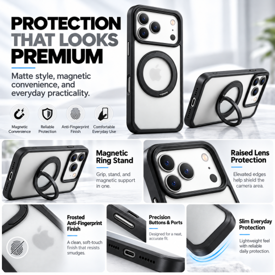 Transparent Magnetic Phone Case with Ring Stand for iPhone 18 Pro – Black Transparent Magnetic Phone Case with Ring Stand for iPhone 18 Pro – Black