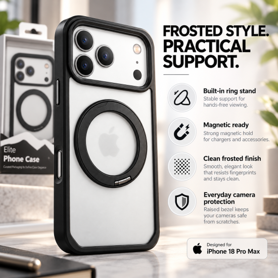 Transparent Magnetic Phone Case with Ring Stand for iPhone 18 Pro – Black Transparent Magnetic Phone Case with Ring Stand for iPhone 18 Pro – Black