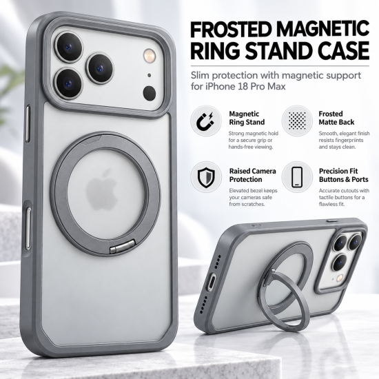 Transparent Magnetic Phone Case with Ring Stand for iPhone 18 Pro – White