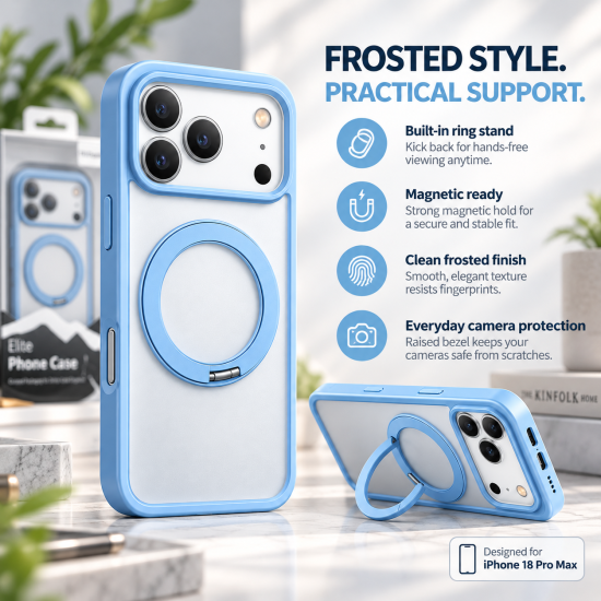 Transparent Magnetic Phone Case with Ring Stand for iPhone 18 Pro – Sky Blue Transparent Magnetic Phone Case with Ring Stand for iPhone 18 Pro – Sky Blue