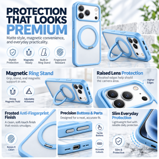 Transparent Magnetic Phone Case with Ring Stand for iPhone 18 Pro – Sky Blue Transparent Magnetic Phone Case with Ring Stand for iPhone 18 Pro – Sky Blue