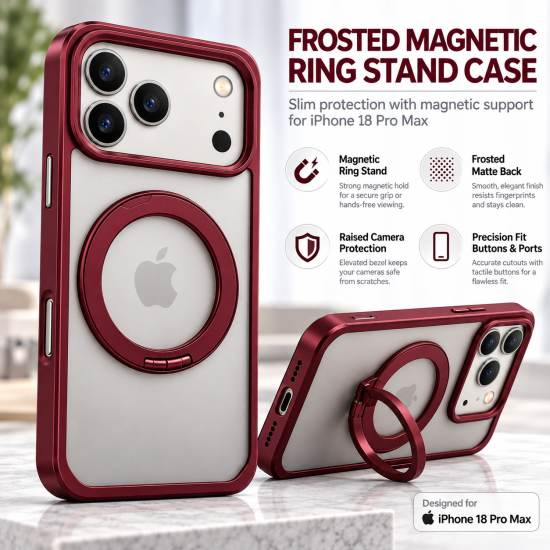Transparent Magnetic Phone Case with Ring Stand for iPhone 18 Pro – Cherry Red Transparent Magnetic Phone Case with Ring Stand for iPhone 18 Pro – Cherry Red