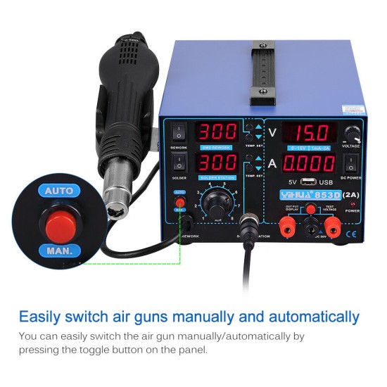YIHUA 853D 2A 3in1 Soldering Iron USB 2A Rework Station Desolder Hot Air