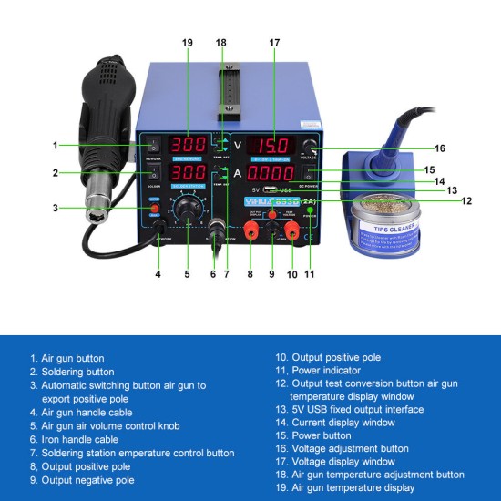 YIHUA 853D 2A 3in1 Soldering Iron USB 2A Rework Station Desolder Hot Air