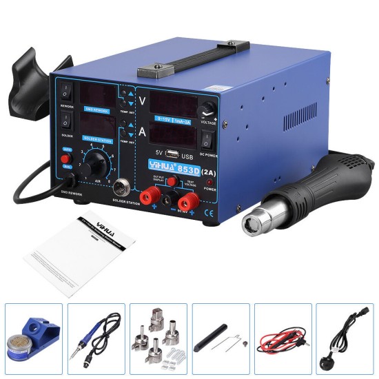 YIHUA 853D 2A 3in1 Soldering Iron USB 2A Rework Station Desolder Hot Air