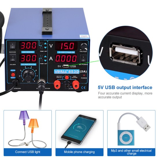 YIHUA 853D 2A 3in1 Soldering Iron USB 2A Rework Station Desolder Hot Air