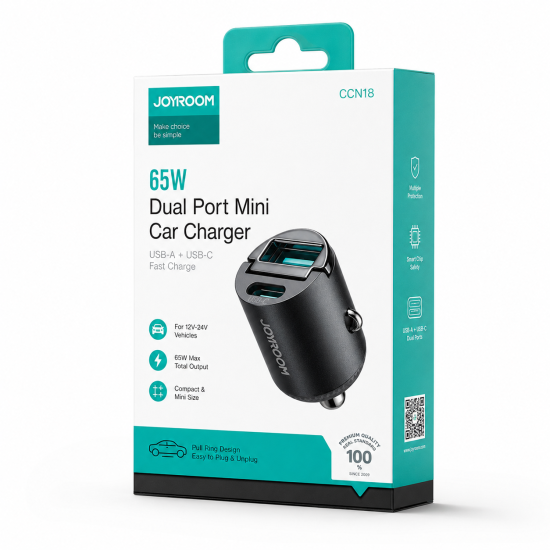Joyroom CCN18 65W Dual Port Pull Ring Mini Fast Charge Black Joyroom CCN18 65W Dual Port Pull Ring Mini Fast Charge Black