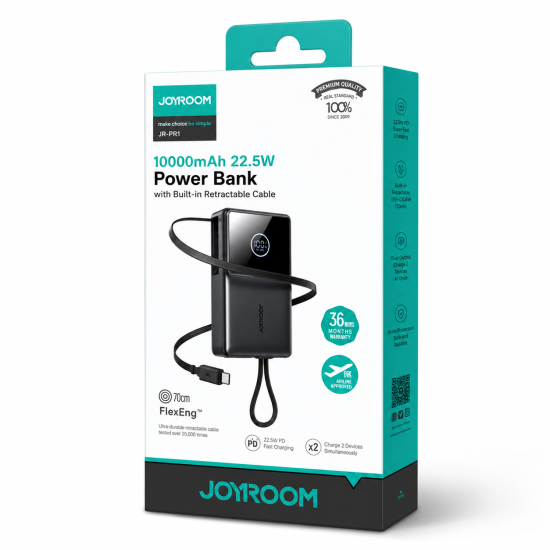 Joyroom JR-PR1 22.5W Built-in Retractable Cable Powerbank10000mAh Black V1.0