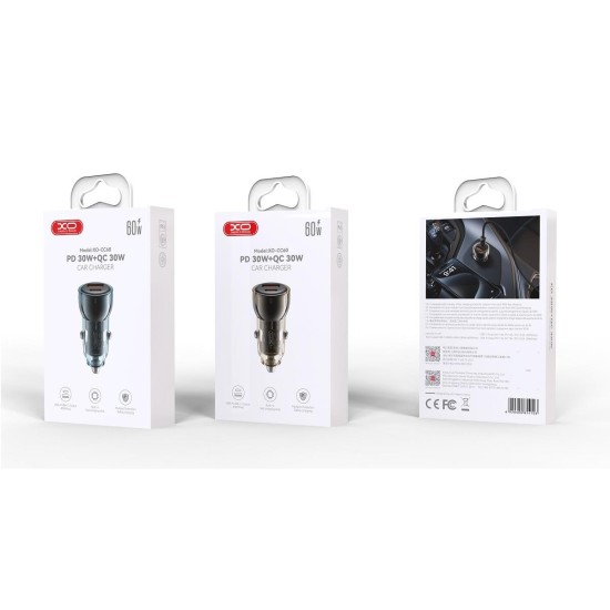 XO CC60 Smart Transparent Car Charger A30+C30 Simultaneous 60W+Type-c Data Cable Set Black