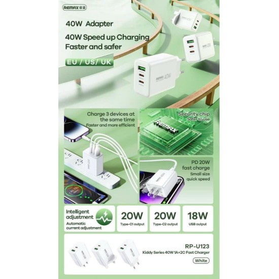 Remax RP-U123 Kiddy Series UK 40W 1A+2C Fast Charger White Remax RP-U123 Kiddy Series UK 40W 1A+2C Fast Charger White