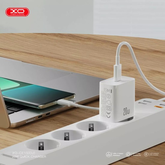 XO CE15 (UK) PD20W USB-C fast charging charger with Type-C cable White