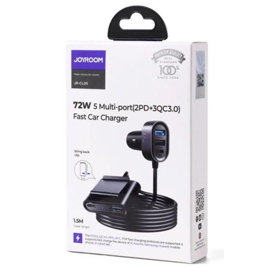 Joyroom JR-CL05 72W Multi 5 Prots 2PD+3QC Car Charger 1.5M Black Joyroom JR-CL05 72W Multi 5 Prots 2PD+3QC Car Charger 1.5M Black
