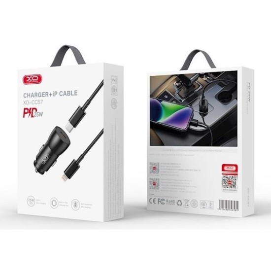 XO CC57 Smart Metal Single C Port PD25W Car Charger + Lightning Cable Black