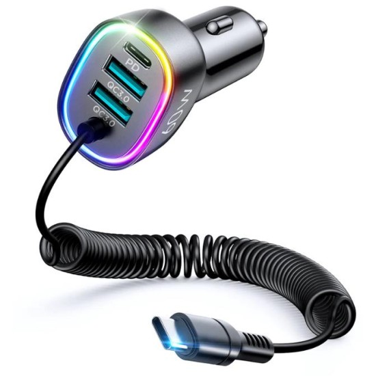 Joyroom JR-CL19 60W 4-in-1 Car Charger with Coiled Type-C Cable Black