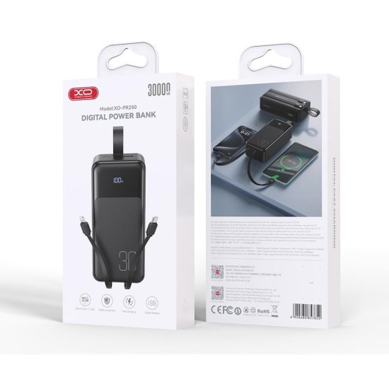 XO PR250 USB-C 20W/USB-A 22.5W Digital Display Fast Charging Mobile Power (comes with TYPE-C, Lightning cable) 30000mAh Balck