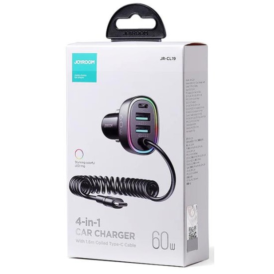 Joyroom JR-CL19 60W 4-in-1 Car Charger with Coiled Type-C Cable Black