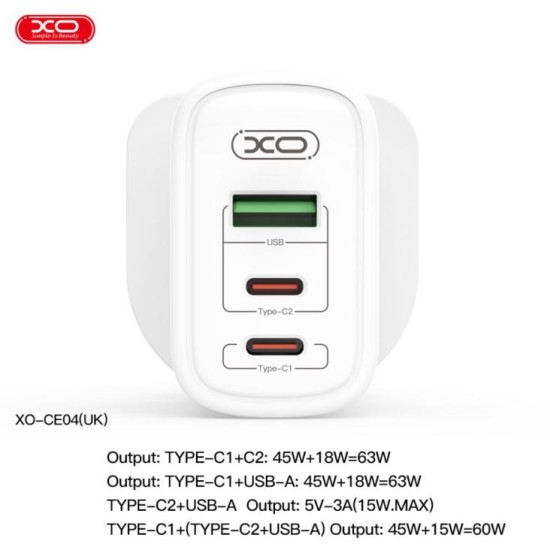 XO CE04(UK) 65W Fast Charger (TYPE-C PD65W / USB-A QC45W) (Materials are CE certified)