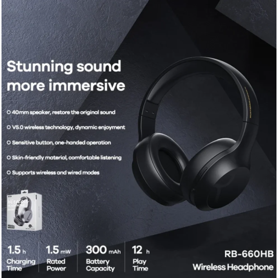 REMAX RB-660HB Wireless Bluetooth Over-Ear Stereo Headphones with Adjustable Headband – Black